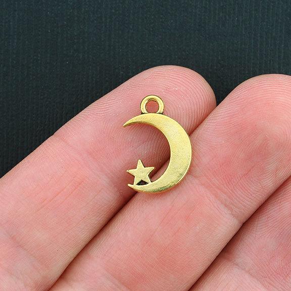 10 Moon and Star Antique Gold Tone Charms 2 Sided - GC313