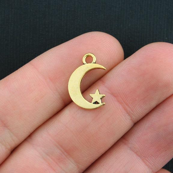 10 Moon and Star Antique Gold Tone Charms 2 Sided - GC313