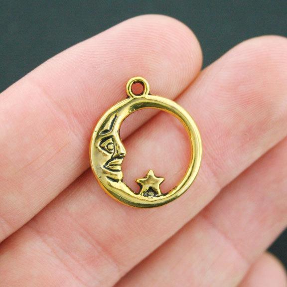 10 Moon and Star Antique Gold Tone Charms - GC415