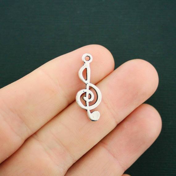 10 Treble Clef Antique Silver Tone Charms 2 Sided - SC532