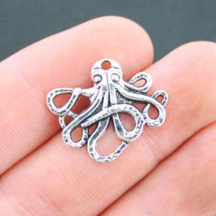 10 Octopus Antique Silver Tone Charms - SC5034