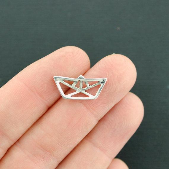 10 Origami Boat Connector Antique Silver Tone Charms 2 Sided - SC7623