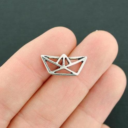 10 Origami Boat Connector Antique Silver Tone Charms 2 Faces - SC7623