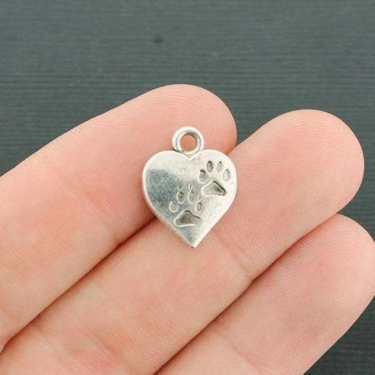10 Paw Print Heart Antique Silver Tone Charms - SC3122