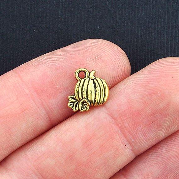 10 Pumpkin Antique Gold Tone Charms 2 Sided - GC299