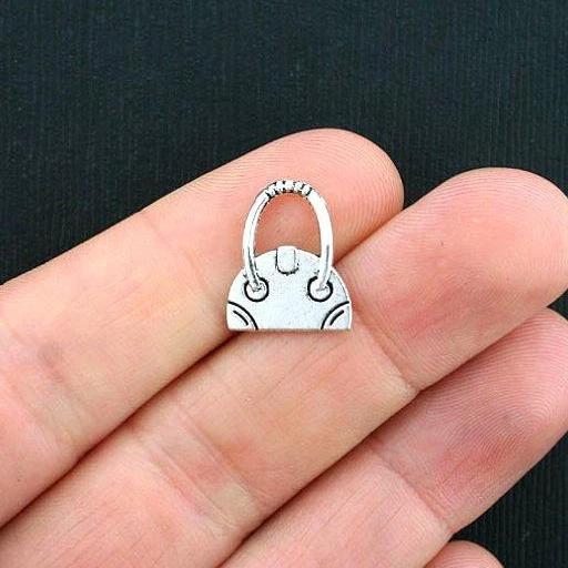 10 Handbag Antique Silver Tone Charms 2 Sided - SC3634