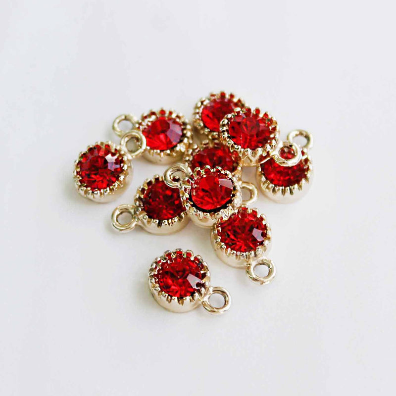 10 Red Rhinestone Gold Tone Charms - DBD568