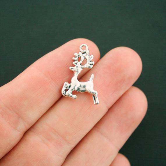 10 Reindeer Antique Silver Tone Charms 2 Sided - SC3305