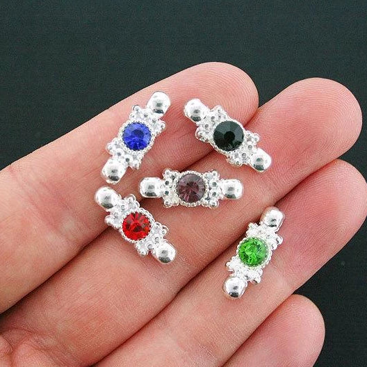 10 Rhinestone Connector Silver Tone Charms 2 of Each Color - SC083