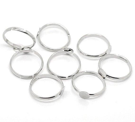 Silver Tone Adjustable Ring Bases - 15.5mm With 6mm Glue Pad - 10 Pieces - FD043