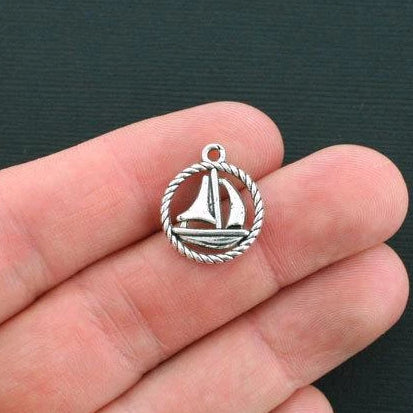 10 Sailboat Antique Silver Tone Charms 2 Sided - SC1679