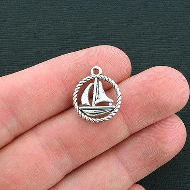 10 Sailboat Antique Silver Tone Charms 2 Sided - SC1679