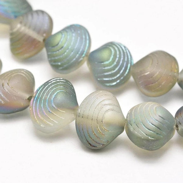 Seashell Glass Beads 2mm x 15mm x 10mm - Electroplated Green - 10 Beads - BD1033