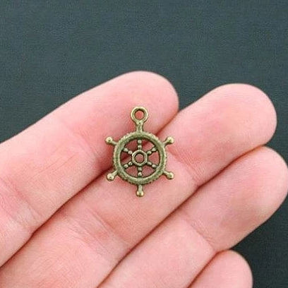 10 Ship Wheel Antique Bronze Tone Charms 2 Sided - BC219