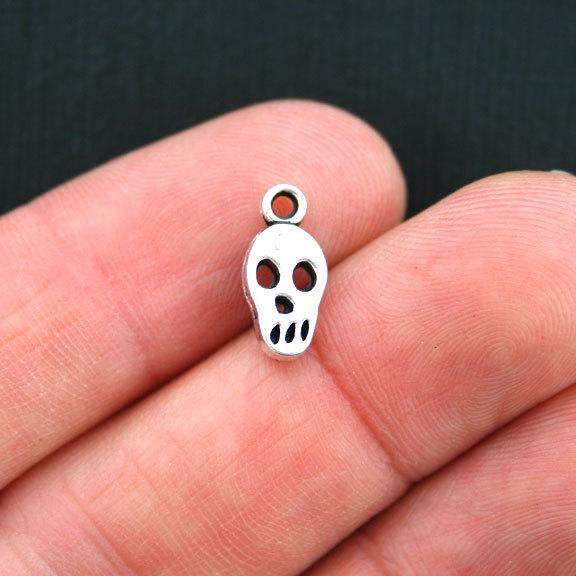 10 Skull Antique Silver Tone Charms 2 Sided - SC3740