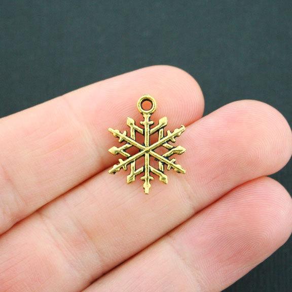 10 Snowflake Antique Gold Tone Charms 2 Sided - GC522