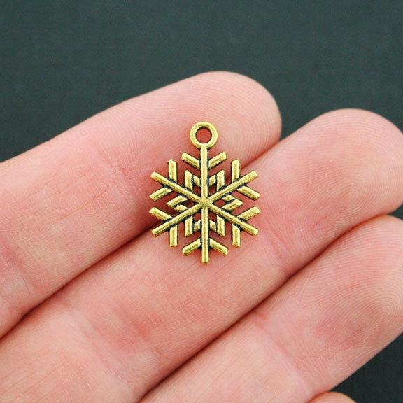 10 Snowflake Antique Gold Tone Charms 2 Sided - GC614