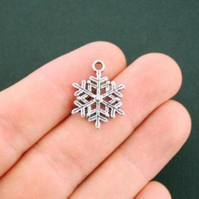 10 Snowflake Antique Silver Tone Charms 2 Sided - SC5978