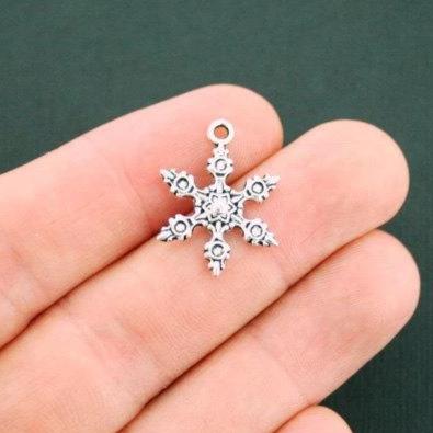 10 Snowflake Antique Silver Tone Charms 2 Sided - SC5979