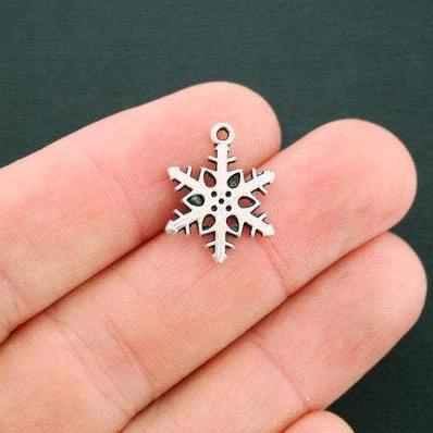 10 Snowflake Antique Silver Tone Charms 2 Sided - SC6030