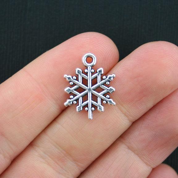 10 Snowflake Antique Silver Tone Charms 2 Sided - SC3518