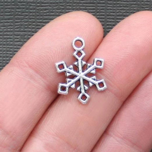 10 Snowflake Antique Silver Tone Charms 2 Sided - SC527