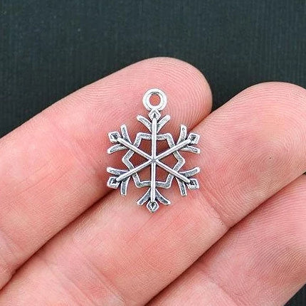 10 Snowflake Antique Silver Tone Charms 2 Sided - SC660
