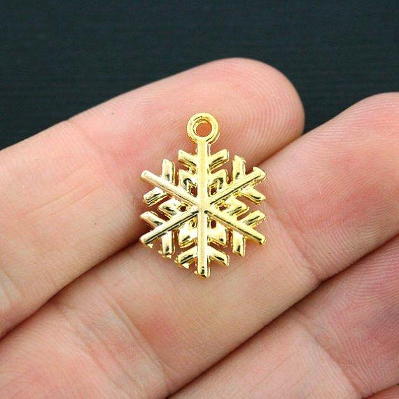 10 Snowflake Gold Tone Charms 2 Sided - GC417