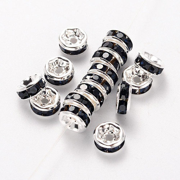 Rondelle Spacer Beads 6mm x 3mm - Ton argent avec strass incrustés - 10 Perles - SC1699