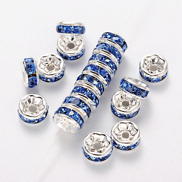 Rondelle Spacer Beads 6mm x 3mm - Silver Tone with Inset Rhinestones - 10 Beads - SC299