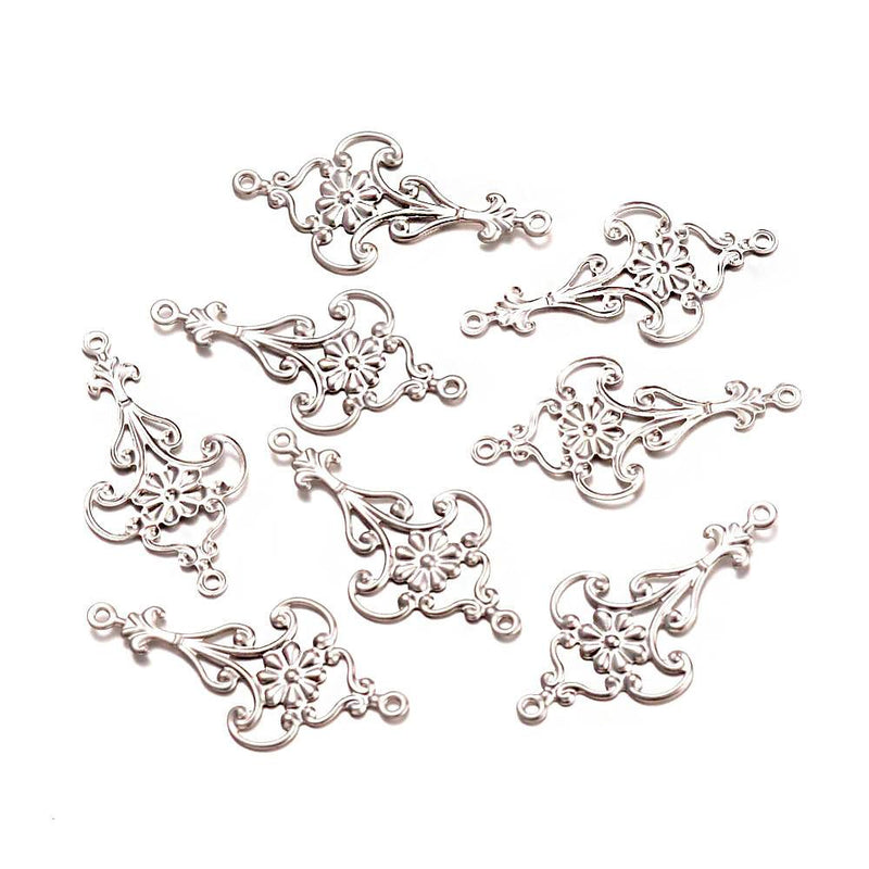 10 Flower Connector Silver Tone Stainless Steel Charms 2 Sided - MT491
