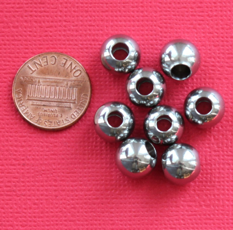 Round Stainless Steel Spacer Beads 10mm x 10mm - Silver Tone - 10 Beads - FD240