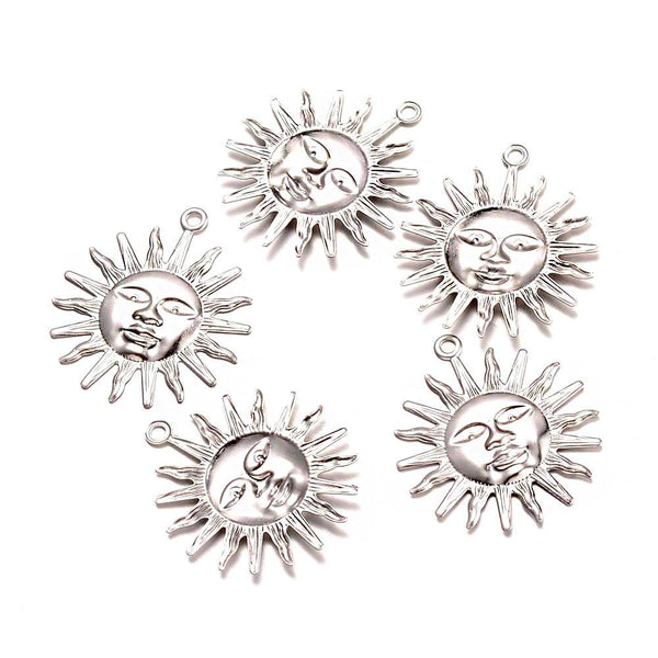 10 Sun Silver Tone Stainless Steel Charms 2 Sided -  MT483