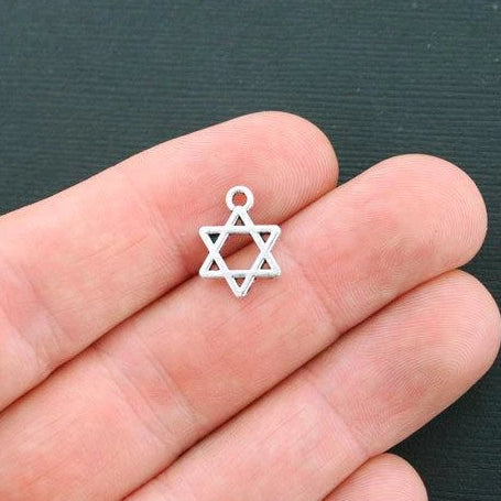 10 Star of David Antique Silver Tone Charms 2 Sided - SC613