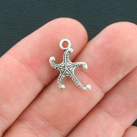 10 Starfish Antique Silver Tone Charms 2 Sided - SC4175