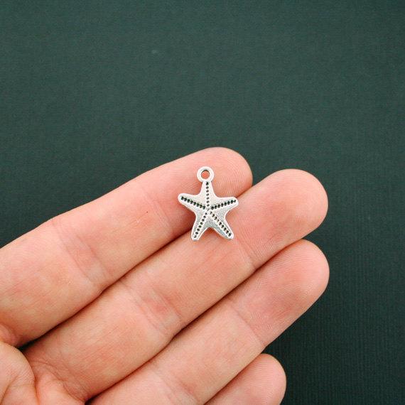 10 Starfish Antique Silver Tone Charms 2 Sided - SC781