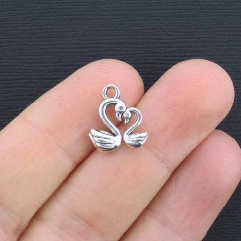 10 Swan Antique Silver Tone Charms 2 Sided - SC2583