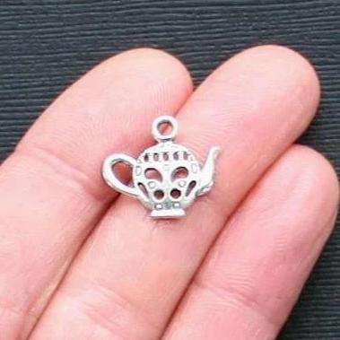 10 Teapot Antique Silver Tone Charms 2 Sided - SC2439