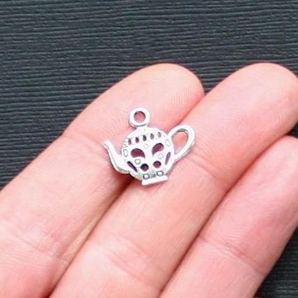 10 Teapot Antique Silver Tone Charms 2 Sided - SC2439