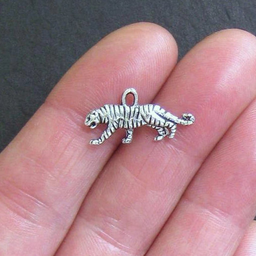 10 Tiger Antique Silver Tone Charms 2 Sided - SC520