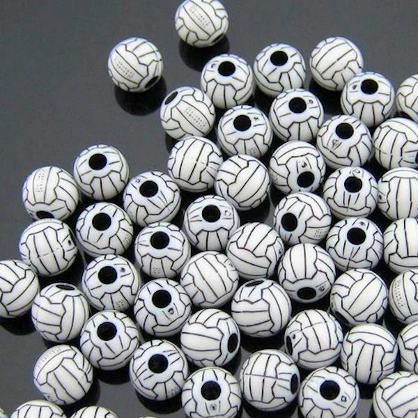Round Acrylic Beads 10mm - White Volleyball - 10 Beads - K240