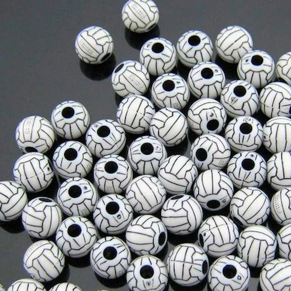 Perles Acryliques Rondes 10mm - Volleyball Blanc - 10 Perles - K240