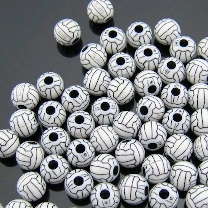Round Acrylic Beads 10mm - White Volleyball - 10 Beads - K240