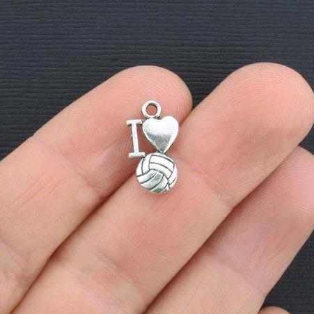 10 Volleyball Antique Silver Tone Charms 2 Sided - SC3086
