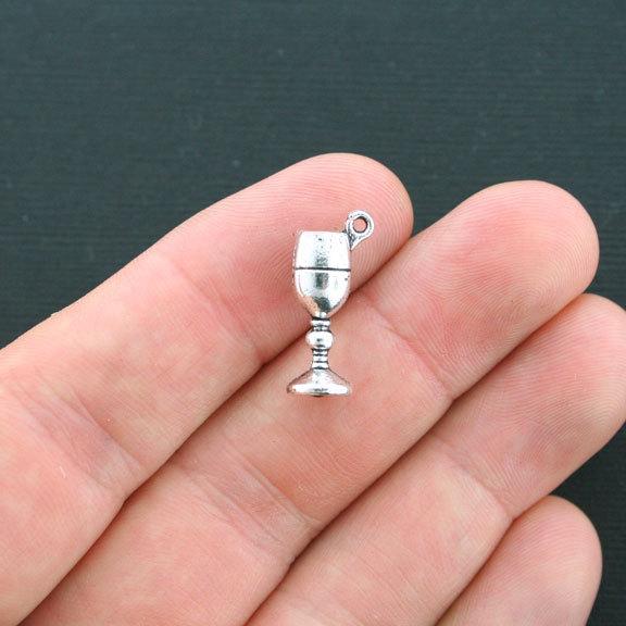 10 Wine Glass Antique Silver Tone Charms 3D - SC4331