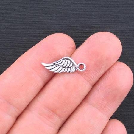 10 Angel Wing Antique Silver Tone Charms 2 Sided - SC3385