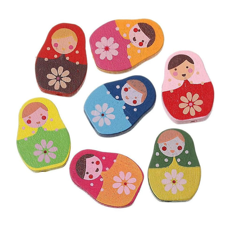Russian Doll Wood Beads 22mm x 16mm - Assorted Colors - 10 Beads - BD561