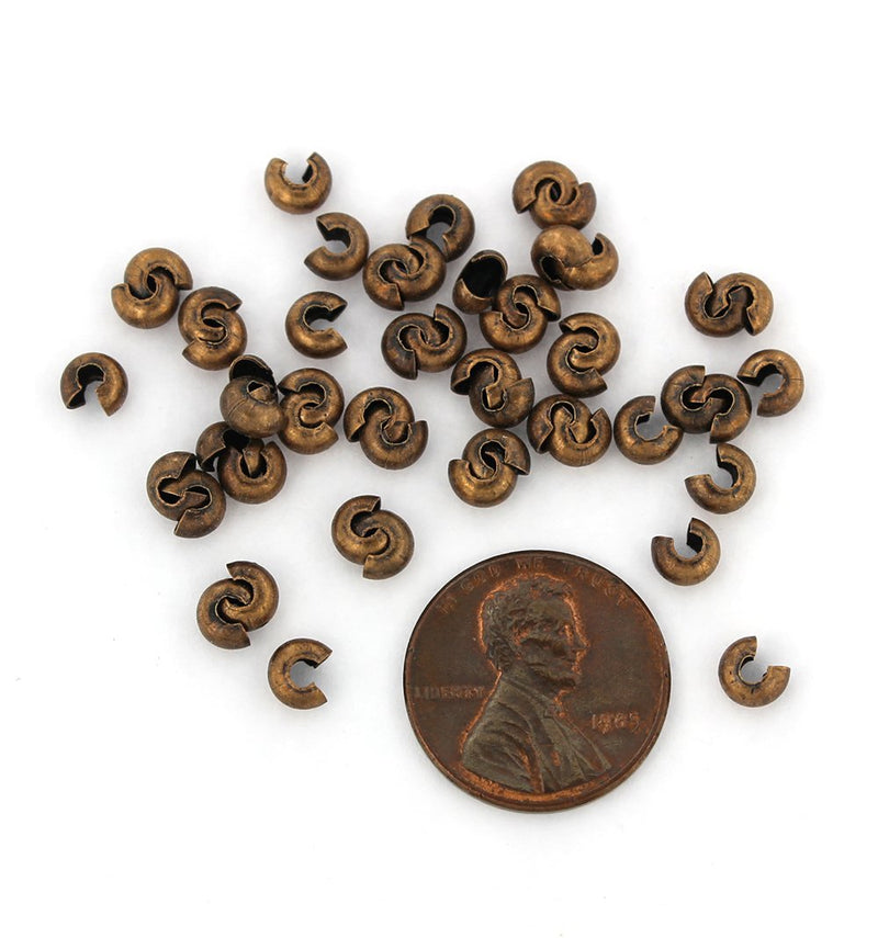 Antique Copper Tone Crimp Bead Covers - 5mm Open, 4mm Closed - 100 Pieces - FD627
