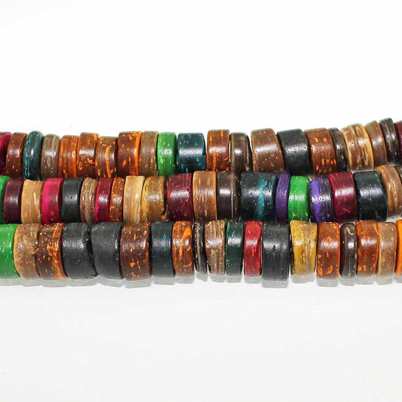 Perles de noix de coco Heishi 9 mm x 5 mm - Couleurs teintées arc-en-ciel - 1 brin 100 perles - BD432