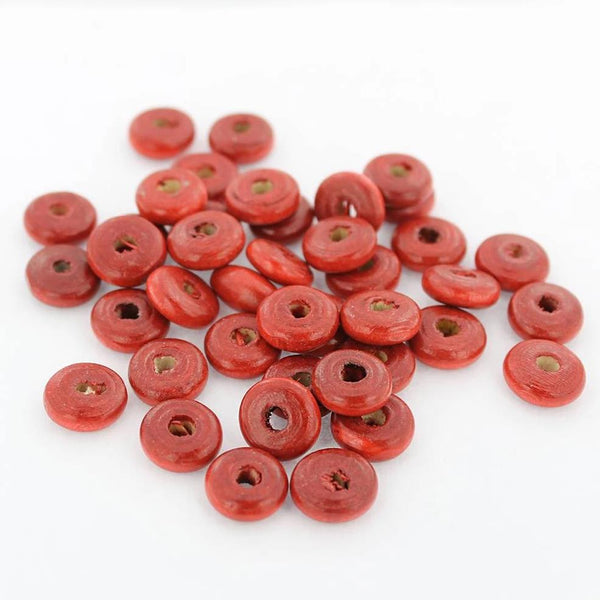 Perles Bois Rondelle 10mm x 4mm - Rouge - 100 Perles - BD818